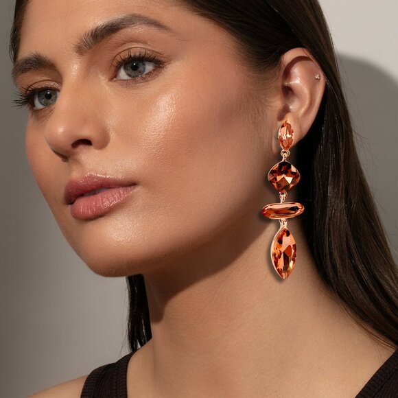 Pretty In Peach Crystal Bling Glam Tiered Drop Statement Earrings NEW - Picture 1 of 3